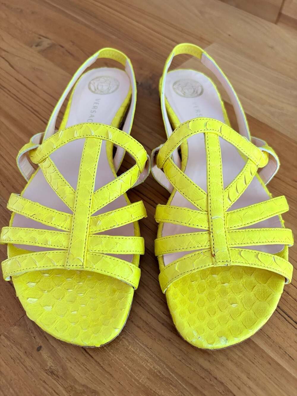 Versace Neon Yellow Snakeskin Leather Strappy Sandals Size 40/US 9